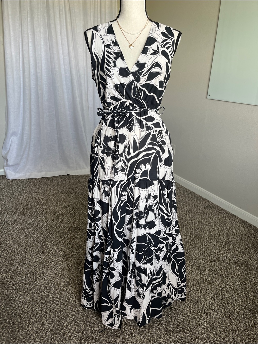 CIVICO 51 Made in Italy Cotton Maxi Dress Black Ivory Floral Tiered Medium